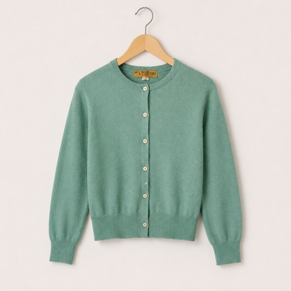 Braemar Scotland Vintage Sage Green Crew Neck Button Front Cardigan Sweater